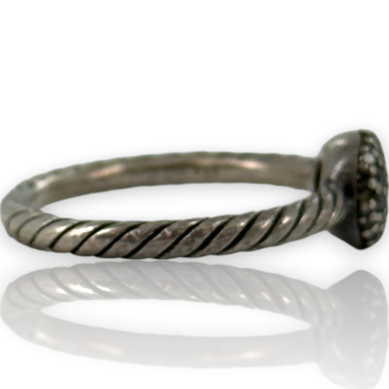 David Yurman Signed 925 Sterling Silver Cord Ring With Black Diamond Cluster Size 8