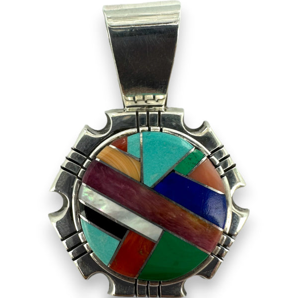 Ray Jack Signed Navajo Native American 925 Sterling Silver Round Pendant with Mixed Inlay Stones Including Turquoise, Malachite, Onyx, Mother of Pearl, and Spiny Oyster