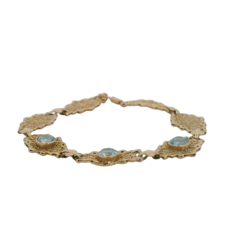 Late Art Deco 1930s 14kt Yellow Gold Filigree Openwork Geometric Link 7.4" Bracelet with 3 Natural Blue Zircons