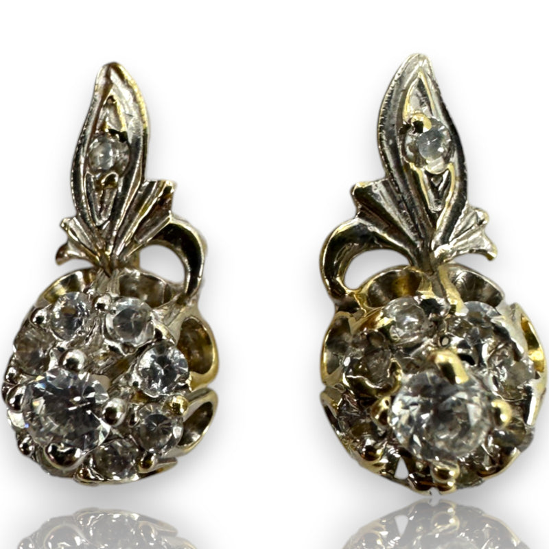 1970s Victorian Revival Solid 14kt White and Yellow Gold Sleeper-Style Cubic Zirconia (CZ) Snap Closure Huggie Earrings