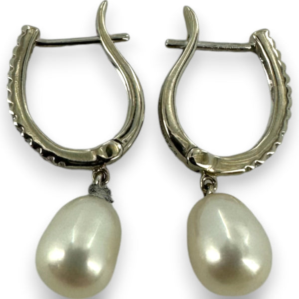 Gabriel & Co Solid 14kt White Gold South Sea Pearl Drop Diamond Huggie Earrings