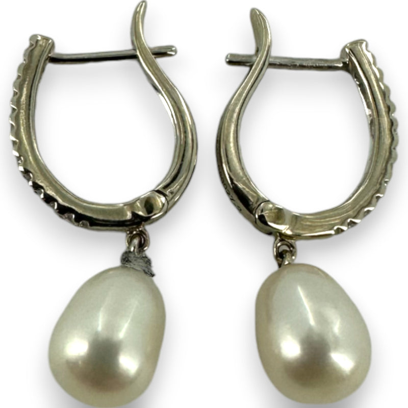 Gabriel & Co Solid 14kt White Gold South Sea Pearl Drop Diamond Huggie Earrings