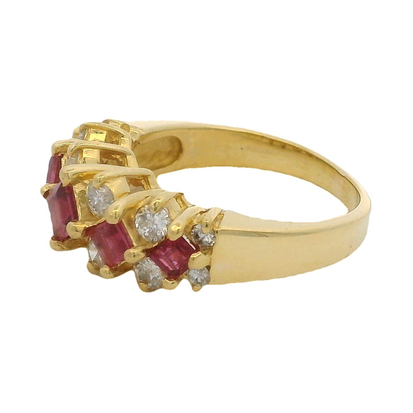 14kt Yellow Gold, Square Cut Ruby, and Diamond 7.5mm Half-Eternity Cluster Ring Size 4.75
