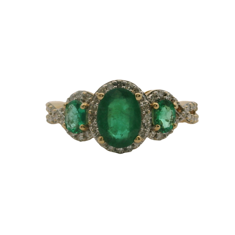 Natural Emerald & Diamond Halo Accent Band 14K 585 Yellow Gold Ring Size 5 1/2