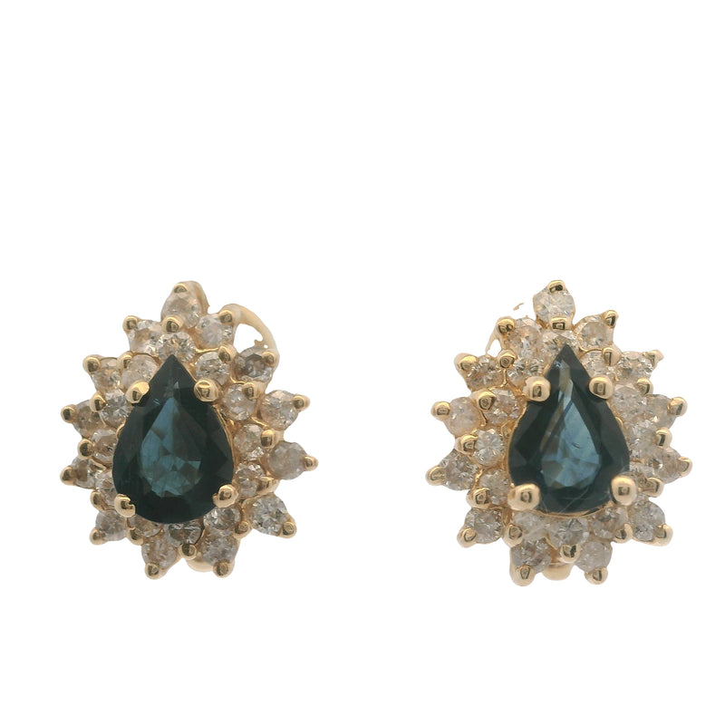 Vintage Clyde Duneiere Solid 14kt Yellow Gold Sapphire and Double Diamond Halo Omega Back Earrings