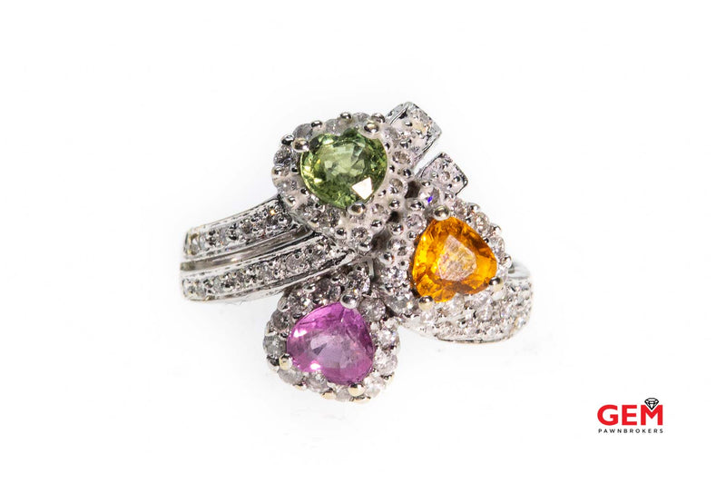 Samuel Benham BJC Quartz Hearts & Diamond Pave Halo Cocktail 18K 750 White Gold Ring Size 5 1/2
