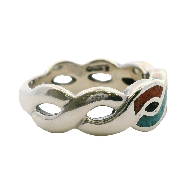Carolyn Pollack 925 Sterling Silver Turquoise And Coral Chip Braided Crossover Ring Size 10