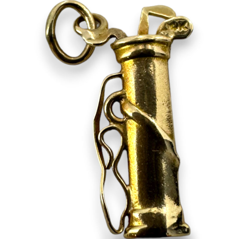 Vintage Golf Club Caddy Sports Charm with Three Clubs Pendant Solid 14kt Yellow Gold