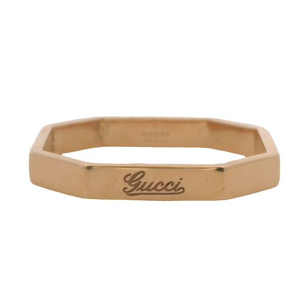 Retired Gucci Solid 18kt Rose Gold Octagonal Cursive Logo Band Ring Size 8