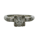 Vintage 1940-50s 14kt White Gold Diamond Solitaire Ring with Baguette Diamond Accents Size 5.5