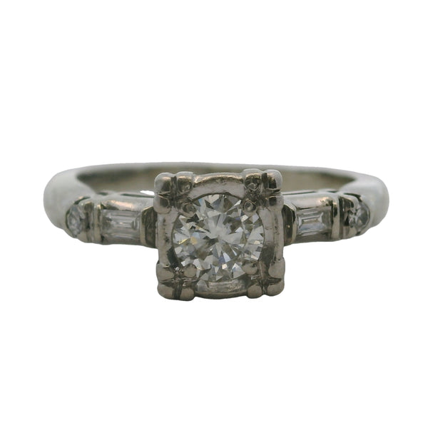 Vintage 1940-50s 14kt White Gold Diamond Solitaire Ring with Baguette Diamond Accents Size 5.5