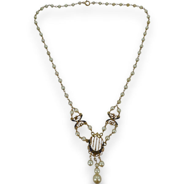 Vintage 1930s-50s Victorian Revival 14kt Solid Yellow Gold Delicate Pearl Station Necklace with Gold Openwork, Blue Enamel, and Pearl Drop Center