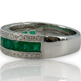 QCD Quality Color Design 14kt Solid White Gold Rhodium Plate Band with Princess Cut Emeralds and Accent Diamonds Size 7 Ring