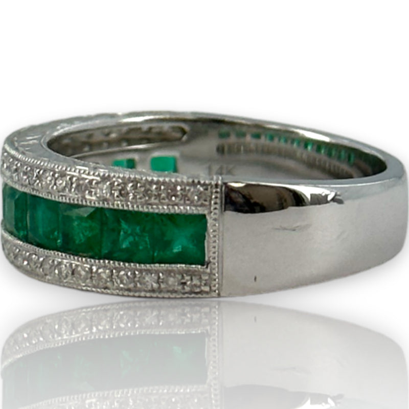 QCD Quality Color Design 14kt Solid White Gold Rhodium Plate Band with Princess Cut Emeralds and Accent Diamonds Size 7 Ring