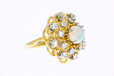 Vintage 1960-80s Opal & Diamond Cluster Rope Accent 14K 585 Yellow Gold Cocktail Ring Size 3 3/4