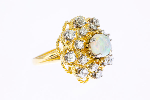 Vintage 1960-80s Opal & Diamond Cluster Rope Accent 14K 585 Yellow Gold Cocktail Ring Size 3 3/4