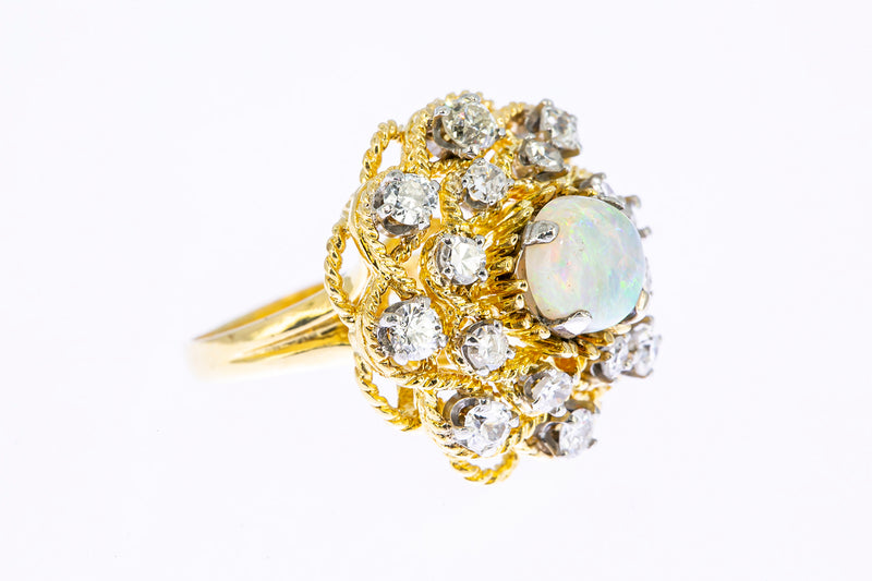 Vintage 1960-80s Opal & Diamond Cluster Rope Accent 14K 585 Yellow Gold Cocktail Ring Size 3 3/4