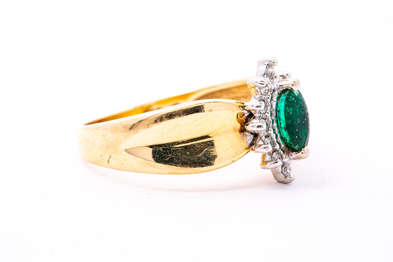 Anillo de oro amarillo y blanco 585 de 14 quilates con halo de diamantes y esmeralda talla marquesa, talla 7 1/2