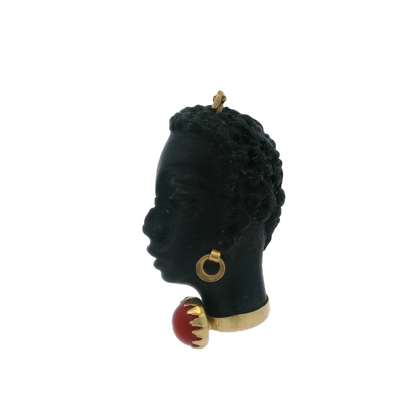 Vintage Corletto Italian 18kt Yellow Gold Wooden Blackamoor Head Pendant with Coral Necklace