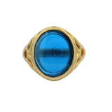 Vintage 1980s 14kt Yellow Gold Etruscan Style Ring with Blue Lab Spinel Size 10