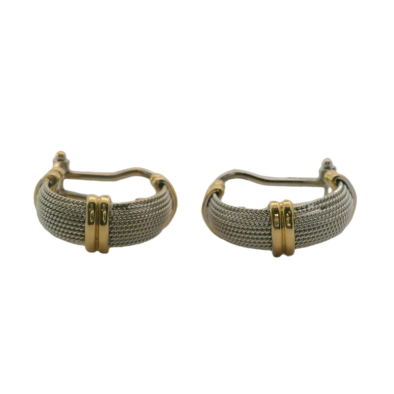 Italian 18kt Yellow and White Gold Twisted Rope Pierced Huggie Hoop Omega-Back Earrings