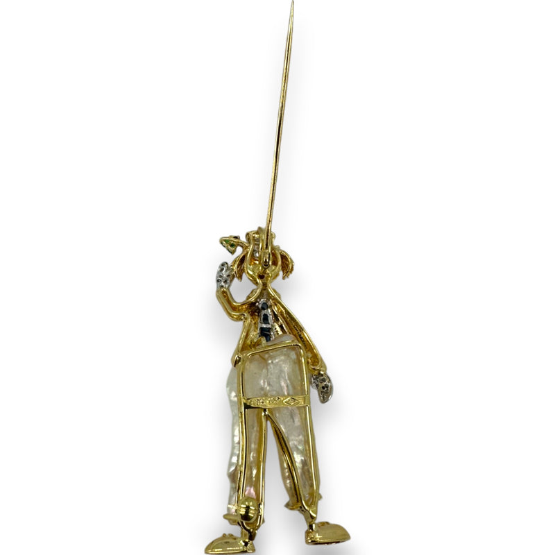 Vintage 18kt Yellow Gold Happy Clown Brooch/Pendant with Baroque Pearl Pants, Sapphires, Emeralds, Diamonds, and Ruby Nose