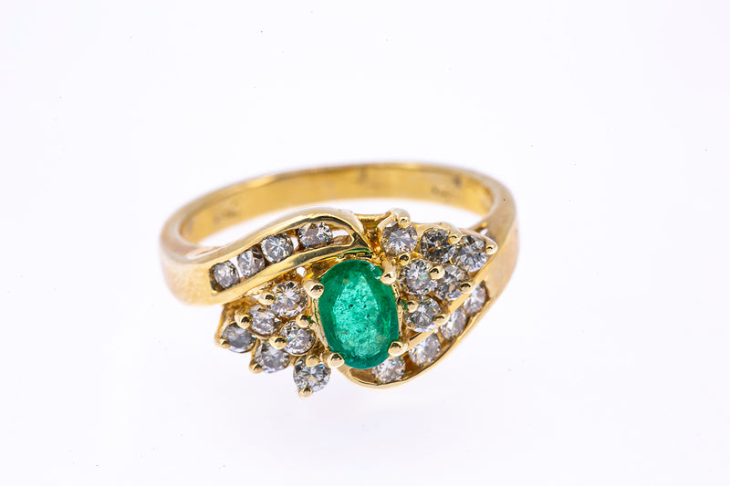 GC Natural Emerald & Diamond Cluster Cocktail 14K 585 Yellow Gold Ring Sz 6 1/2