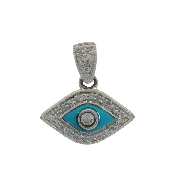 14kt White Gold, Turquoise, CZ, and Diamond Mini Evil Eye Charm Pendant