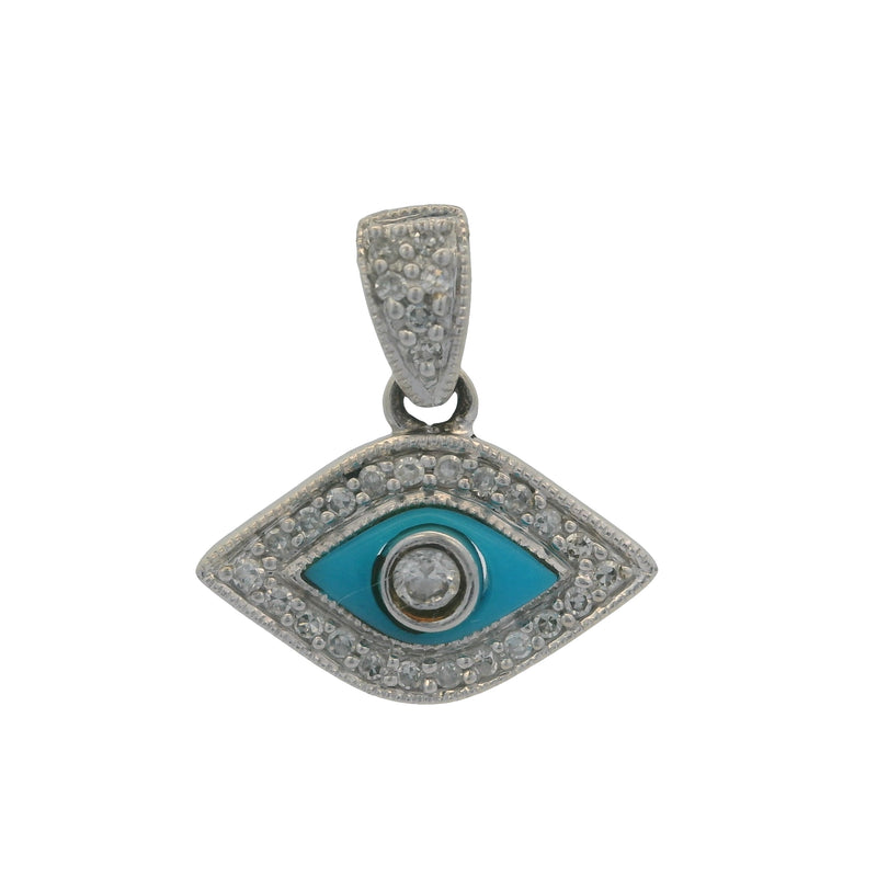 14kt White Gold, Turquoise, CZ, and Diamond Mini Evil Eye Charm Pendant