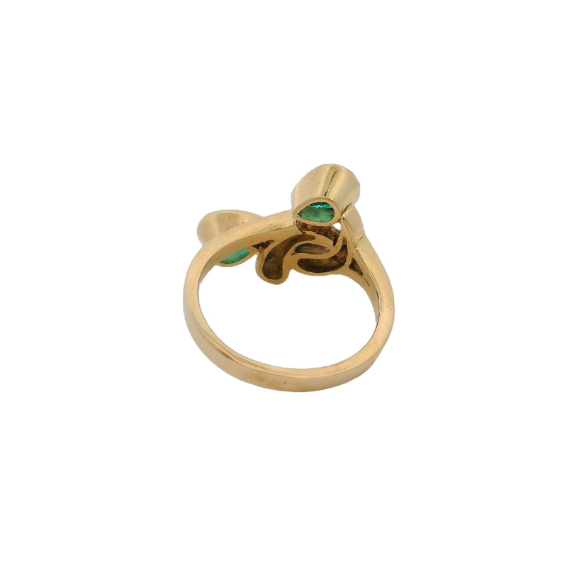 Vintage 14kt Yellow Gold and 2 Vivid Pear Cut Emeralds Modernist Cocktail Bypass Ring Size 6.5