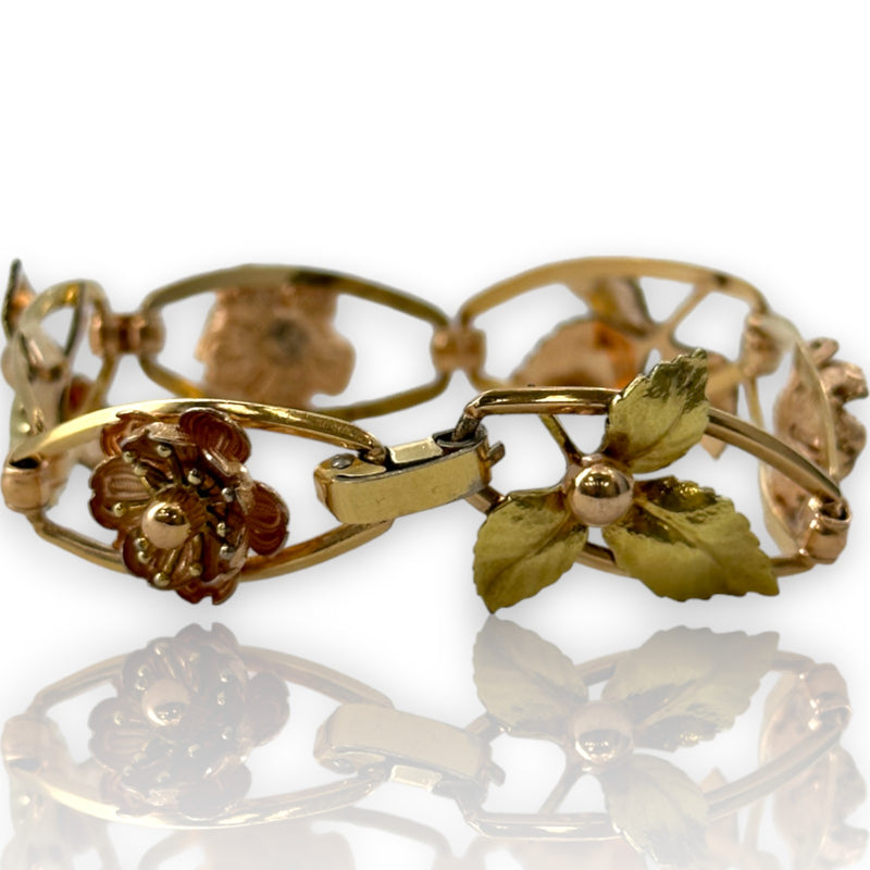Krementz Vintage 1940s 925 Sterling Silver and Multi-Tone 10k Gold Filled Chrysanthemum Bracelet