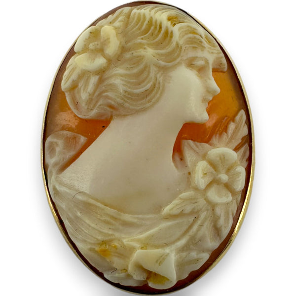 Late Victorian 14kt Yellow Gold and Conch Shell Detailed Lady Convertible Brooch to Pendant Cameo