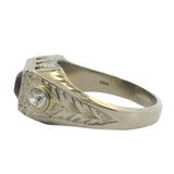 Antique 1920-30s Solid 14kt White Gold Lab Ruby and Old Mine Cut Diamond 3-Stone Ring Size 7.5