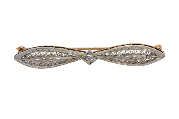 Antique Edwardian Diamond Solitaire Filigree Pierced Lapel Pin 14K 585 White & Yellow Gold Brooch
