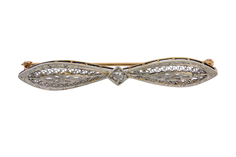 Antique Edwardian Diamond Solitaire Filigree Pierced Lapel Pin 14K 585 White & Yellow Gold Brooch