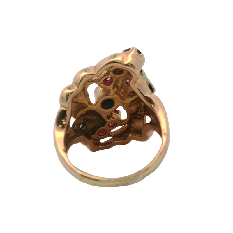 1930s Early Retro 14kt Rose Gold Ribbon Ring with Old Mine Diamonds and Lab Rubies Size 6.5
