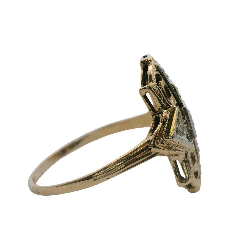 Vintage 1930-40s Late Deco 14kt Yellow Gold Geometric Diamond Dinner Ring Size 8.5