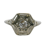 Vintage 1920-30s 14kt White Gold Filigree Hexagon Old European Cut Diamond Solitaire Ring Size 6.25