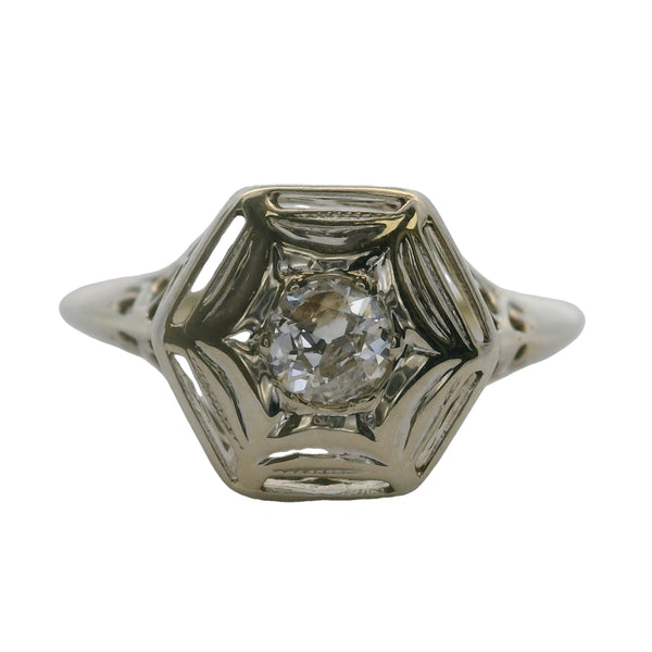 Vintage 1920-30s 14kt White Gold Filigree Hexagon Old European Cut Diamond Solitaire Ring Size 6.25