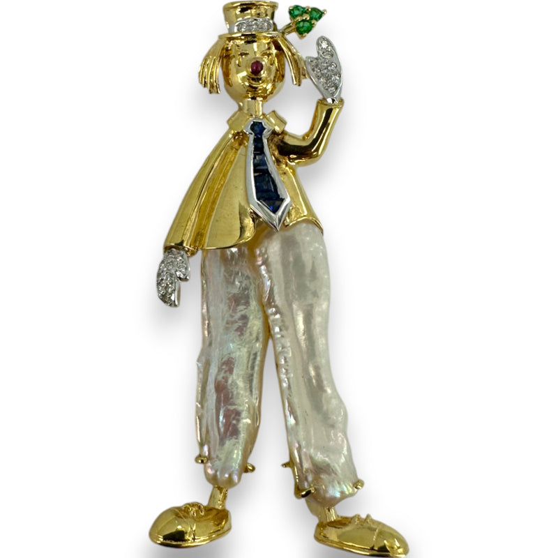Vintage 18kt Yellow Gold Happy Clown Brooch/Pendant with Baroque Pearl Pants, Sapphires, Emeralds, Diamonds, and Ruby Nose