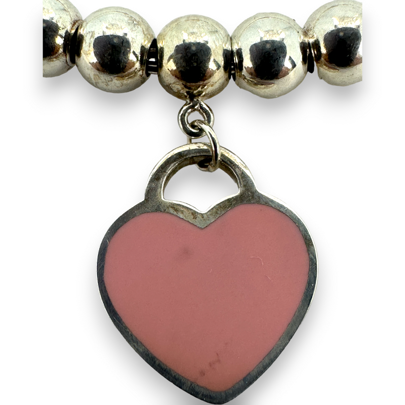 Return to Tiffany & Ci Mini Pink Enamel Heart Bracelet 7" 925 Sterling Silver
