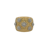 Solid 14kt Yellow and White Gold 19mm Wide Floral Engraved Cocktail Ring with 7 Diamonds Size 7