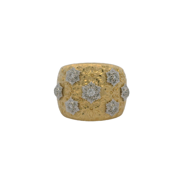 Solid 14kt Yellow and White Gold 19mm Wide Floral Engraved Cocktail Ring with 7 Diamonds Size 7