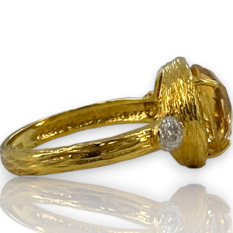 I. Reiss Solid 14k Yellow Textured Gold Checkerboard Cut Citrine and Diamond Accent Cocktail Ring Size 7.5