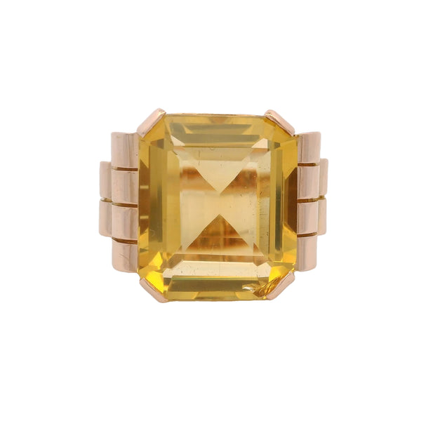 Vintage 1930s-50s Retro Era 18kt Rose Gold Emerald Cut Citrine Cocktail Statement Ring Size 7.75