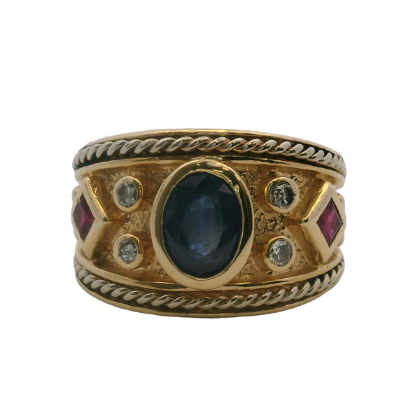Etruscan Revival 14kt Yellow Gold Band Sapphire Gemstone Diamond Ring Size 5.75
