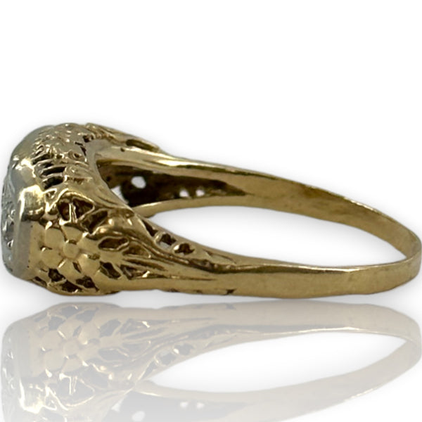 Vintage 14kt Yellow/White Gold Cast of Art Deco Filigree Ring with Original Old Euro and Transitional Diamonds