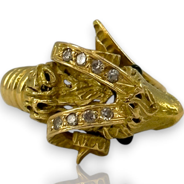 Vintage 1980s Solid 18kt Yellow Gold Detailed Ram's Head Ring with Diamond Horns and Onyx Eyes Size 6