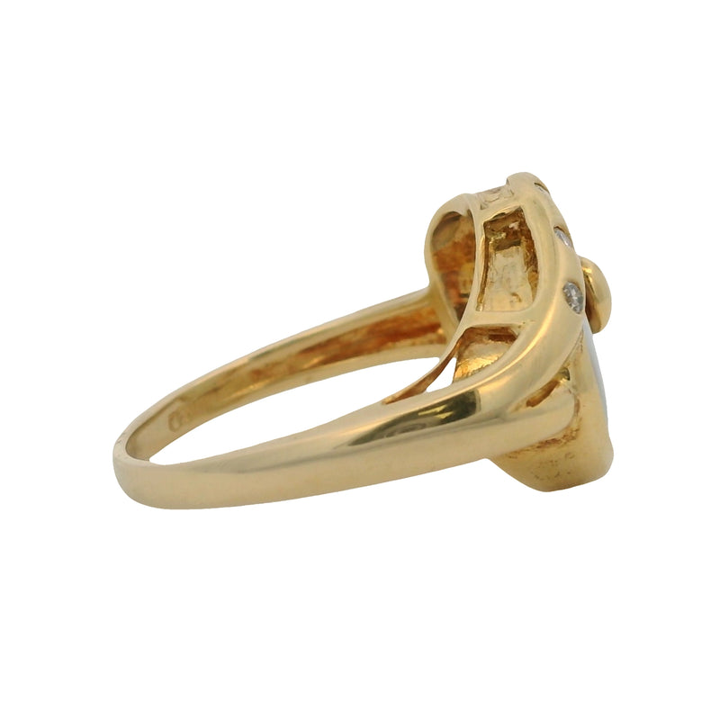 EO Solid 18kt Yellow Gold Asymmetric Cocktail Ring With Stunning Translucent Bezel-Set Fire Opal and 3 Accent Diamonds Size 6.25