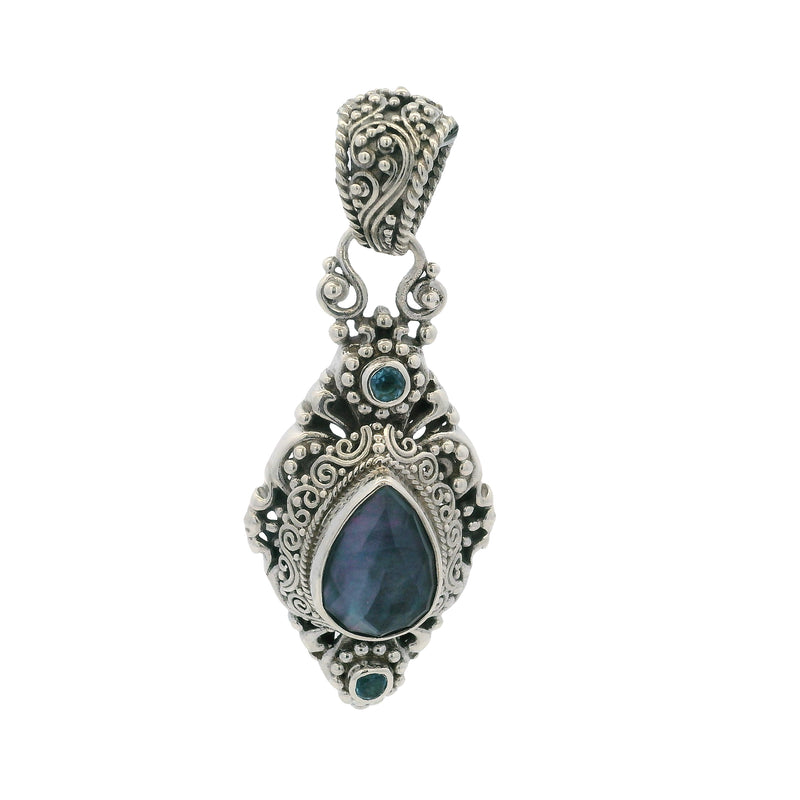 Sarda Solid 925 Sterling Silver, Abalone, and Blue Topaz Drop Ornate Necklace Pendant